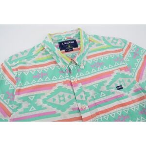 Chubbies Mens Large Short‎ Sleeve Teal Pink Yellow Aztec Print Button Down Shirt